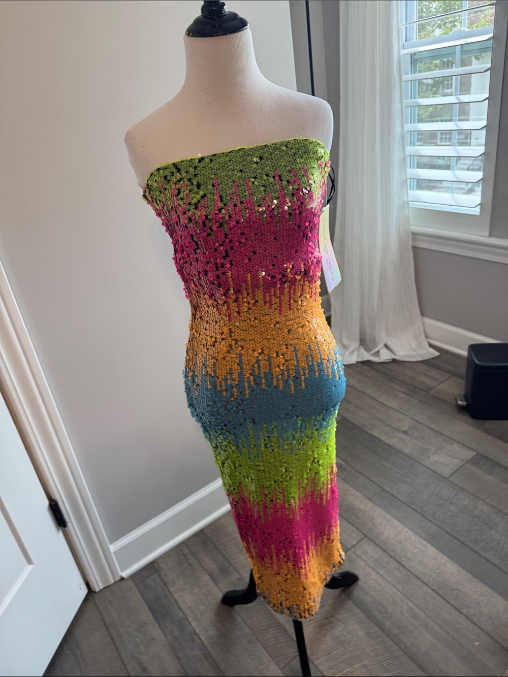 Strapless Multicolor Sequin Midi Dress in Green, Pink, Blue & Gold